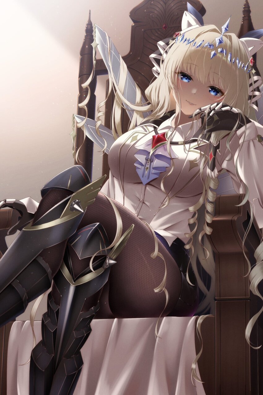 1girl armored_boots armored_gloves black_shorts blonde_hair blue_eyes boots breasts brown_pantyhose closed_mouth coat collared_shirt crossed_legs crown_(nikke) diadem drill_hair goddess_of_victory:_nikke hair_ornament hair_spread_out headgear highres jewelry large_breasts long_hair looking_at_viewer milmil7 necklace pantyhose shirt shorts sitting smile solo thighs throne white_coat white_shirt