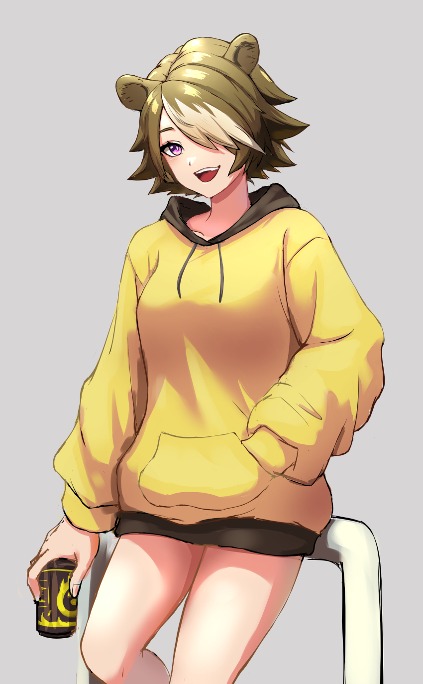 1girl absurdres animal_ears arknights bear_ears beehunter_(arknights) brown_hair can canned_coffee drink_can highres hood hoodie leaning_back post purple_eyes short_hair white_hair