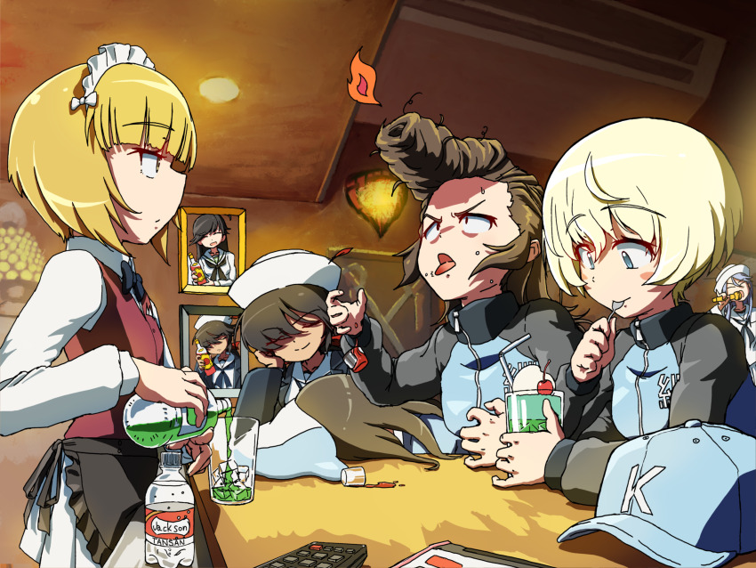 6+girls absurdres apron bar_(place) bartender baseball_cap black_apron black_bow black_bowtie black_coat black_hair black_neckerchief blonde_hair blue_headwear blue_jacket blunt_bangs bob_cut bottle bow bowtie brown_hair brown_vest cherry closed_eyes coat commentary_request commission constricted_pupils controller cup cutlass_(girls_und_panzer) dark-skinned_female dark_skin dixie_cup_hat dress_shirt drinking_glass elbow_rest fire flint_(girls_und_panzer) food frilled_apron frills frown fruit girls_und_panzer grey_hair hair_bow hair_over_one_eye hat highres holding holding_microphone indoors isuzu_hana jacket keizoku_military_uniform kuroneko_douji leaning_forward light_frown long_coat long_hair long_sleeves looking_at_another maid_headdress microphone mika_(girls_und_panzer) mikko_(girls_und_panzer) military_hat military_jacket miniskirt multiple_girls music neckerchief ogin_(girls_und_panzer) on_table ooarai_naval_school_uniform ooarai_school_uniform open_clothes open_coat open_mouth partial_commentary picture_frame pixiv_commission pleated_skirt pompadour pouring raglan_sleeves red_bow remote_control school_uniform serafuku shirt short_hair shot_glass singing sitting skirt standing table textless_version tulip_hat tumbler_glass unworn_headwear vest waist_apron white_hair white_headwear white_shirt white_skirt wing_collar yellow_eyes youko_(girls_und_panzer) yuri_(girls_und_panzer)