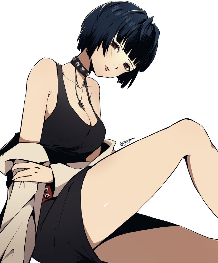 1girl bare_legs bare_shoulders belt black_choker black_dress blue_hair blunt_bangs breasts brown_eyes choker cleavage closed_mouth coat collarbone commentary dress feet_out_of_frame from_side hand_on_own_arm highres jewelry medium_breasts necklace persona persona_5 pppppknw short_dress short_hair solo spiked_choker spikes takemi_tae thighs twitter_username white_background white_coat
