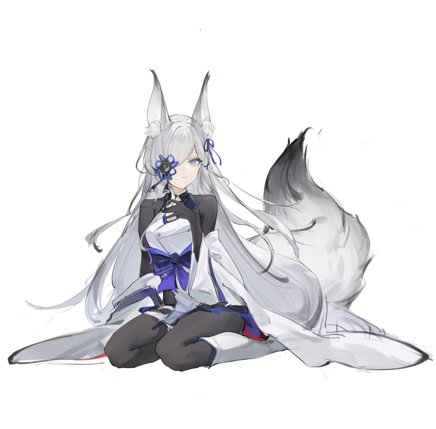 1girl absurdres animal_ear_fluff animal_ears azur_lane black_bodysuit black_pantyhose blue_eyes blue_ribbon bodysuit bodysuit_under_clothes boots detached_sleeves flantia fox_ears fox_tail full_body gradient_tail grey_hair hair_over_one_eye hair_ribbon highres jacket kasumi_(azur_lane) kasumi_(retrofit)_(azur_lane) long_hair looking_at_viewer off_shoulder pantyhose parted_lips ribbon simple_background sitting sketch solo swept_bangs tail very_long_hair white_background white_boots white_jacket wide_sleeves yokozuwari