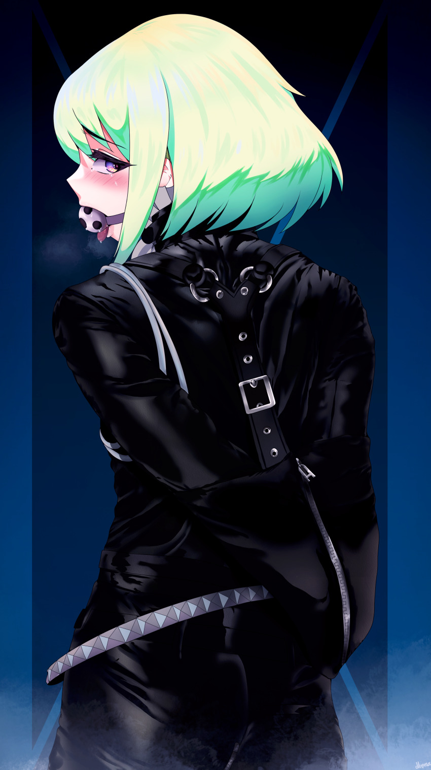 1boy absurdres armbinder ball_gag bdsm bondage bound catsuit drawfagmona from_behind gag gagged green_hair highres latex leather lio_fotia looking_back male_focus promare purple_eyes short_hair_with_long_locks solo