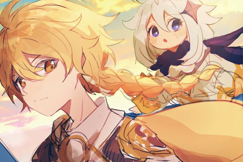 1boy 1girl aether_(genshin_impact) ahoge armor black_scarf blonde_hair blue_eyes blue_sky blush braid brown_shirt cape closed_mouth cloud cloudy_sky commentary_request crystal_hair_ornament earrings evening genshin_impact gold_trim gradient_sky hair_between_eyes hair_ornament highres jewelry long_hair long_sleeves looking_afar looking_at_viewer low-braided_long_hair low-tied_long_hair open_mouth orange_cape orange_eyes outdoors paimon_(genshin_impact) pink_sky puffy_long_sleeves puffy_sleeves romper scarf shirt short_hair short_sleeves shoulder_armor single_earring sky smile upper_body white_hair white_romper white_scarf yasuham yellow_clouds