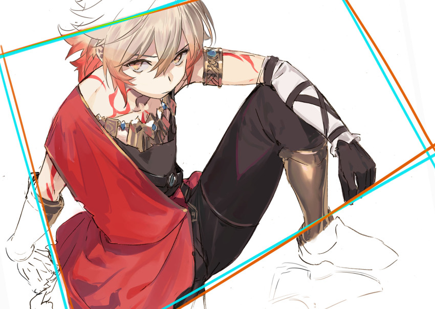 1boy aged_down ancient_greek_clothes ankle_boots arm_tattoo armlet armored_boots black_pants black_shirt blonde_hair boots chest_tattoo chiton facial_tattoo gold_necklace gradient_hair greco-roman_clothes hair_between_eyes highres honkai:_star_rail honkai_(series) jewelry looking_at_viewer male_focus medium_hair multicolored_hair mydei_(honkai:_star_rail) necklace pako_(pakosun) pants red_hair red_tattoo shirt sitting sleeveless sleeveless_shirt solo tattoo unfinished yellow_eyes