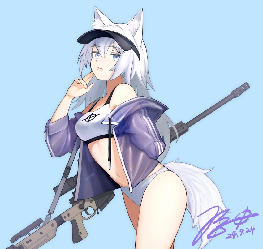 1girl absurdres accuracy_international ai_ax_rifle animal_ear_fluff animal_ears arm_behind_back bent_over bikini bikini_bottom_only black_visor blue_background blue_eyes blue_jacket bolt_action breasts buckle chinese_commentary crop_top cropped_jacket dated fang fingerless_gloves fox_ears fox_girl fox_tail gloves gun gun_sling hand_up highres jacket jerry_wang long_hair magazine_(weapon) medium_breasts midriff muzzle_device navel open_clothes open_jacket open_mouth original rifle scope see-through_clothes shirt signature simple_background skin_fang three-quarter_sleeves snap-fit_buckle sniper_rifle string_pull swimsuit tail thighs upper_body vertical-striped_sleeves visor_cap weapon white_bikini white_hair white_shirt