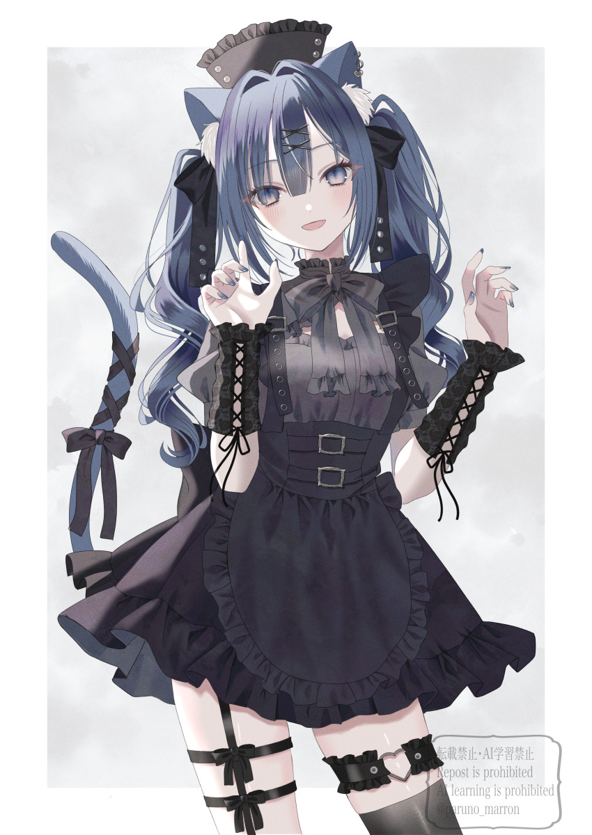 1girl absurdres animal_ears apron arm_warmers black_apron black_dress black_nails black_shirt bow breasts cat_ears cat_girl cat_tail dress grey_background grey_eyes high-waist_skirt highres long_hair maid maid_headdress medium_breasts original paruno shirt short_sleeves simple_background single_thighhigh skirt tail tail_bow tail_ornament thigh_strap thighhighs twintails