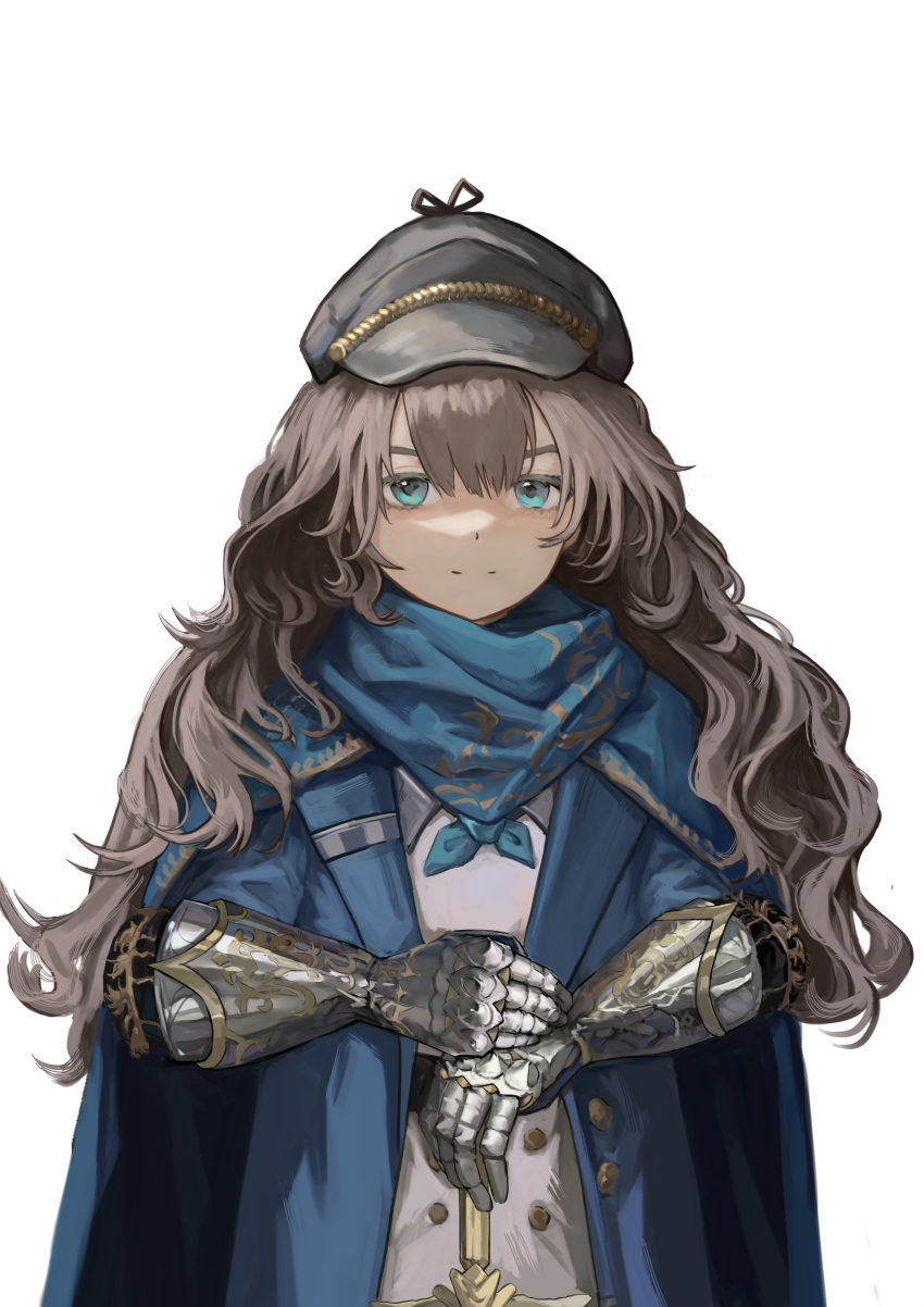 1girl a_knight_(reverse:1999) absurdres blue_cape blue_coat blue_eyes blue_neckerchief brown_hair cabbie_hat cape closed_mouth coat curly_hair dress gauntlets grey_hat hands_on_hilt hat highres lin_mas long_hair looking_at_viewer marcus_(reverse:1999) neckerchief planted planted_sword planted_weapon reverse:1999 smile solo straight-on sword upper_body weapon white_background white_dress