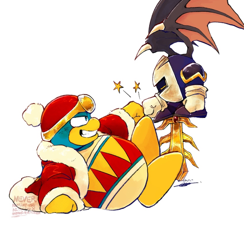 armor bat_wings fist_bump galaxia_(sword) gloves highres idbze king_dedede kirby_(series) kirby_fighters_2 looking_at_another lying mask meta_knight nintendo pauldrons planted planted_sword planted_weapon pom_pom_(clothes) shoulder_armor simple_background smile star_(symbol) sword teeth watermark weapon white_background white_gloves wings yellow_gloves