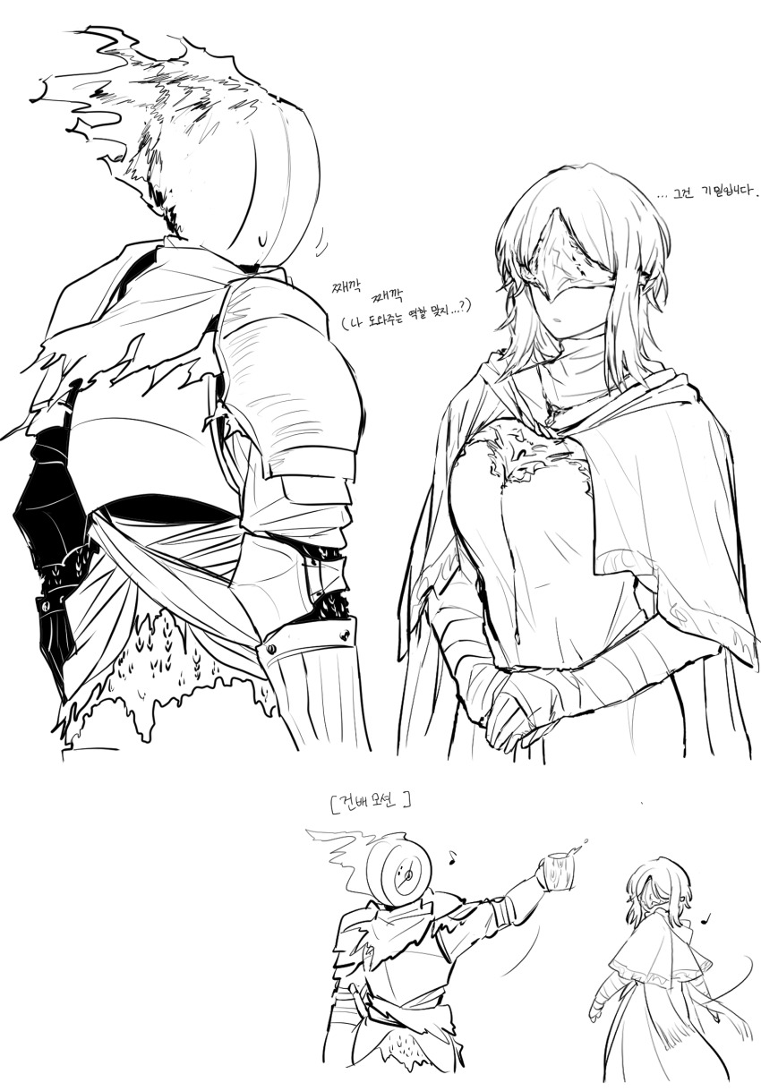 1girl 1other armor ashen_one_(dark_souls) ashen_one_(dark_souls_3)_(cosplay) beer_mug cape capelet cosplay cup dancing dante_(limbus_company) dark_souls_(series) dark_souls_iii dress faust_(project_moon) fire_keeper fire_keeper_(cosplay) gauntlets greyscale highres holding holding_cup knight korean_text limbus_company mask monochrome mug naughty_0b object_head project_moon simple_background torn_cape torn_clothes translation_request