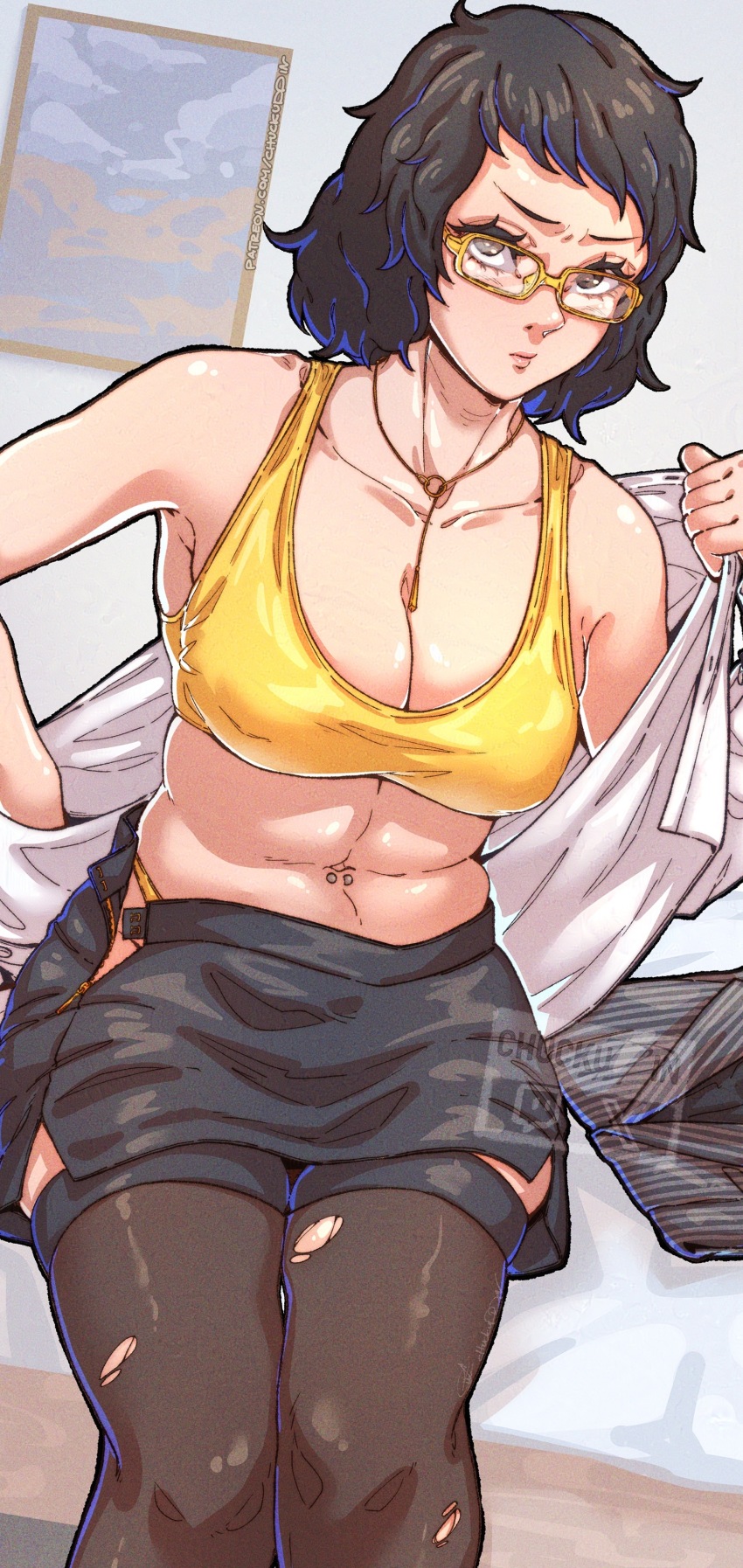 1girl absurdres black_hair black_skirt black_thighhighs bra breasts chuckuddin collarbone commentary glasses highres jewelry kawakami_sadayo looking_at_viewer navel necklace panties panty_peek partially_undressed persona persona_5 rectangular_eyewear shirt skirt solo thighhighs torn_clothes torn_thighhighs underwear undressing unworn_shirt watermark white_shirt yellow-framed_eyewear yellow_bra yellow_panties