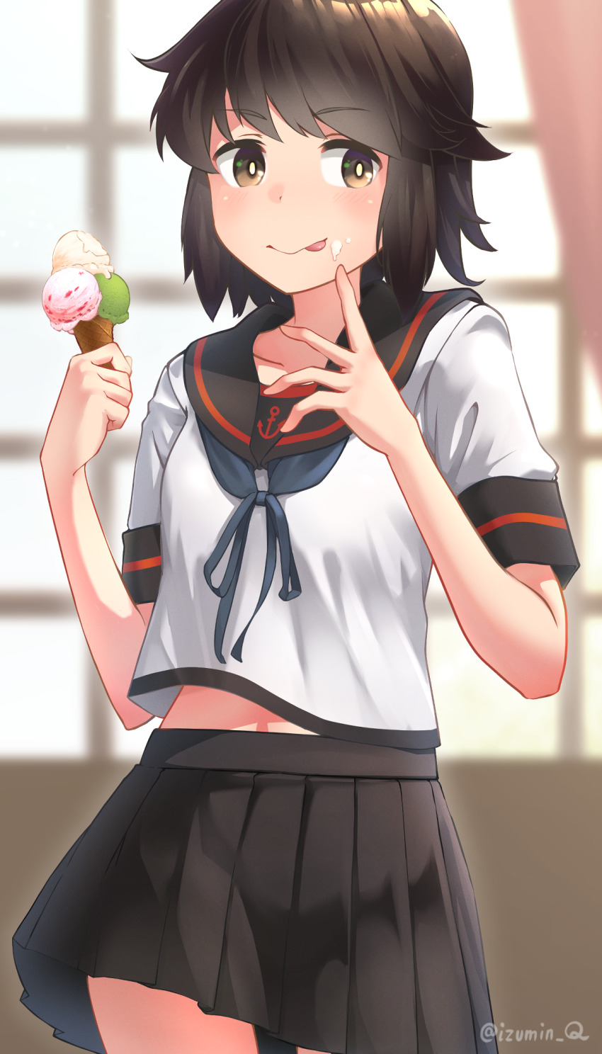 1girl black_hair black_skirt brown_hair food food_on_face highres holding holding_food holding_ice_cream holding_ice_cream_cone ice_cream ice_cream_cone izumikuma kantai_collection licking_lips miniskirt miyuki_(kancolle) miyuki_kai_ni_(kancolle) pleated_skirt school_uniform serafuku short_hair short_sleeves skirt solo tongue tongue_out