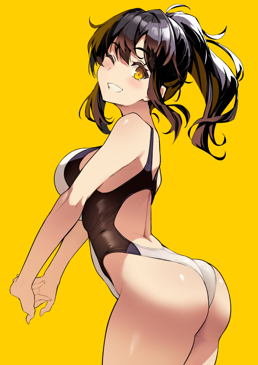 1girl ass back back_cutout bare_shoulders black_one-piece_swimsuit blush breasts brown_hair clothing_cutout competition_swimsuit cowboy_shot grin high_ponytail highleg highleg_one-piece_swimsuit highres interlocked_fingers kekemotsu large_breasts long_hair looking_at_viewer looking_back looking_to_the_side median_furrow one-piece_swimsuit one_eye_closed original ponytail sidelocks smile solo standing stretching swimsuit thighs two-tone_one-piece_swimsuit two-tone_swimsuit white_one-piece_swimsuit yellow_background yellow_eyes