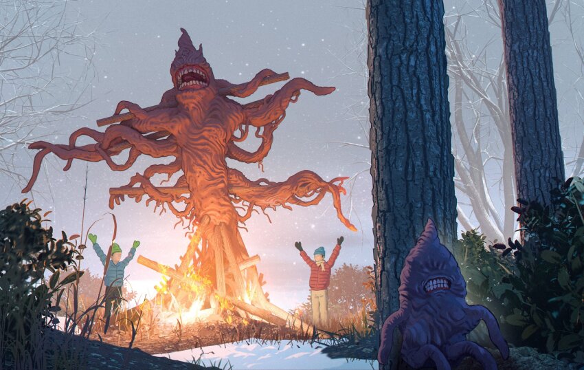 2boys 2others arms_up beanie behind_tree black_mittens black_pants blue_hat blue_jacket bonfire burning clenched_teeth commentary crucifixion down_jacket fire food forest green_hat green_mittens hat hiding highres jacket kiginobiru_(hayapi) mittens monster multiple_boys multiple_others nature no_eyes open_mouth original outdoors outstretched_arms pants parent_and_child red_jacket roasted_sweet_potato scarf snow sweet_potato teeth white_pants white_scarf wide_shot winter