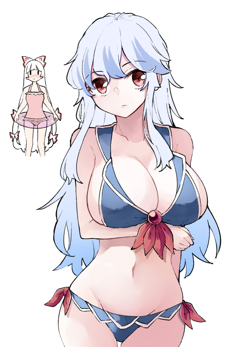 2girls adapted_costume alternate_costume arm_under_breasts bikini blue_bikini blue_hair blunt_bangs blush bow breasts casual_one-piece_swimsuit cleavage closed_eyes collarbone commentary_request cowboy_shot deetamu fujiwara_no_mokou groin hair_bow highres huge_breasts innertube kamishirasawa_keine looking_at_viewer multicolored_hair multiple_girls multiple_hair_bows navel one-piece_swimsuit pink_one-piece_swimsuit red_eyes simple_background stomach swim_ring swimsuit touhou two-tone_hair white_background white_hair |_|