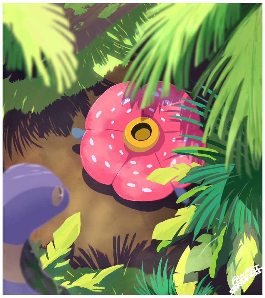 2others absurdres artist_name blue_skin blurry border colored_sclera colored_skin commentary_request creature creature_focus depth_of_field ekans flower from_above gen_1_pokemon highres multiple_others nintendo palm_leaf pokemon pokemon_(creature) pokemon_focus rafflesia_(flower) sakanagi_(a_r_co) signature slit_pupils snake vileplume white_border yellow_sclera