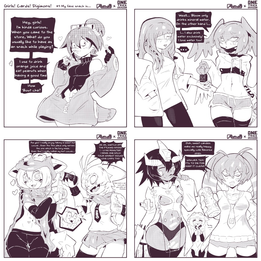 absurdres cosplay digimon ex-tyranomon ex-tyranomon_(cosplay) eyepatch fangs genderswap genderswap_(mtf) grandiskuwagamon highres hood horns hydramon jesmon looking_at_another metalgarurumon metalgarurumon_x-antibody necktie personification shutumon taiga_(digimon) twintails wargreymon wargreymon_x-antibody