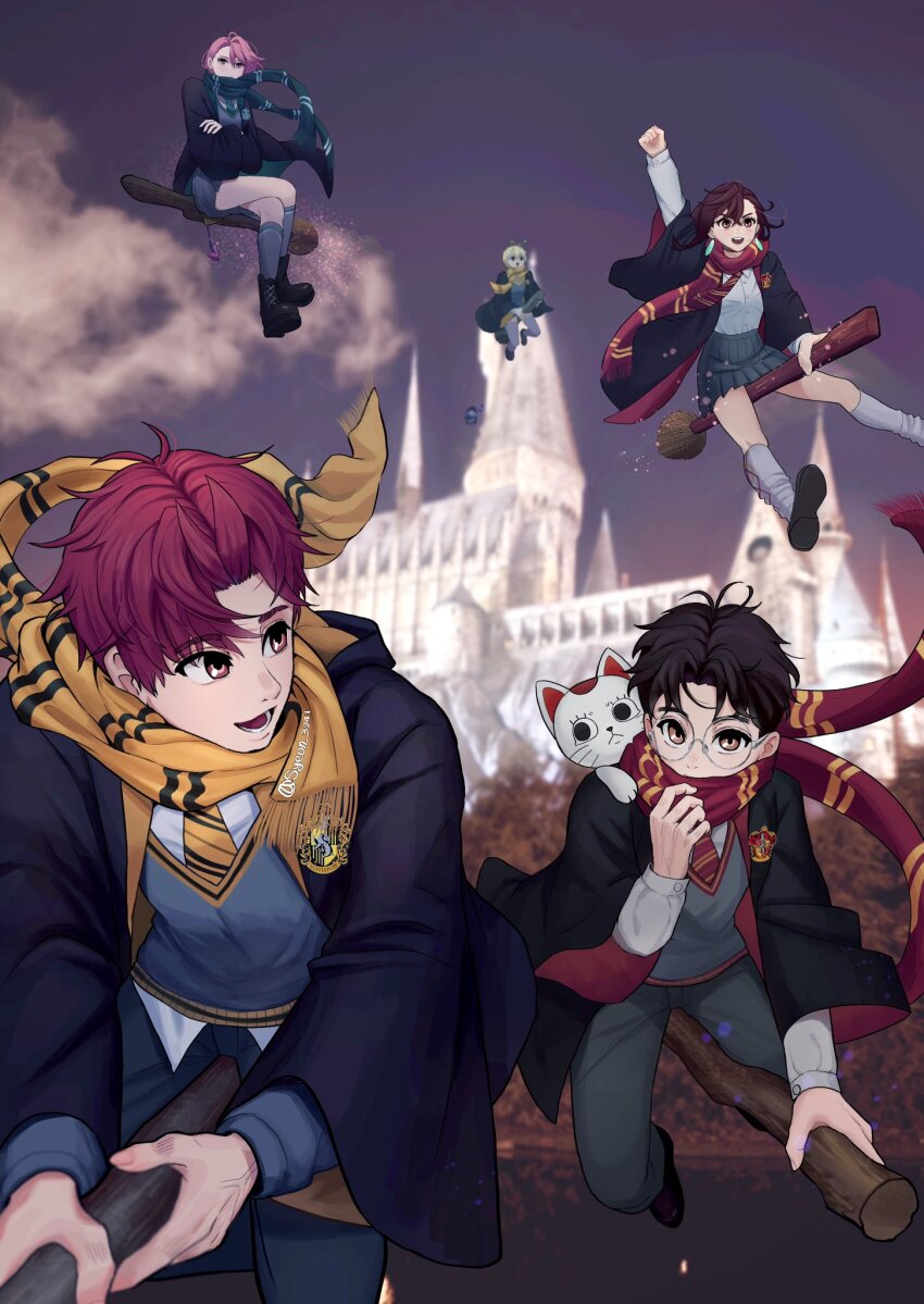 ayase_momo black_hair broom broom_riding brown_hair cat dandadan enjoji_jin flying glasses green_scarf harry_potter_(series) highres hogwarts hogwarts_school_uniform maneki-neko necktie pink_hair red_hair red_scarf round_eyewear scarf school_uniform shiratori_aira_(dandadan) sidesaddle syeon_3241 takakura_ken_(dandadan) turbo_granny_(dandandan) vamola_(dandadan) wizarding_world yellow_scarf