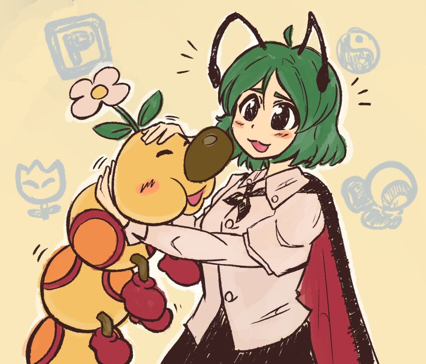 1girl :3 :d ahoge antennae black_cape cape collared_shirt commentary crossover english_commentary fire_flower flower flower_on_head highres mario_(series) mcsquiddies nintendo open_mouth orb shirt smile touhou white_shirt wiggler wriggle_nightbug yellow_background yin_yang yin_yang_orb