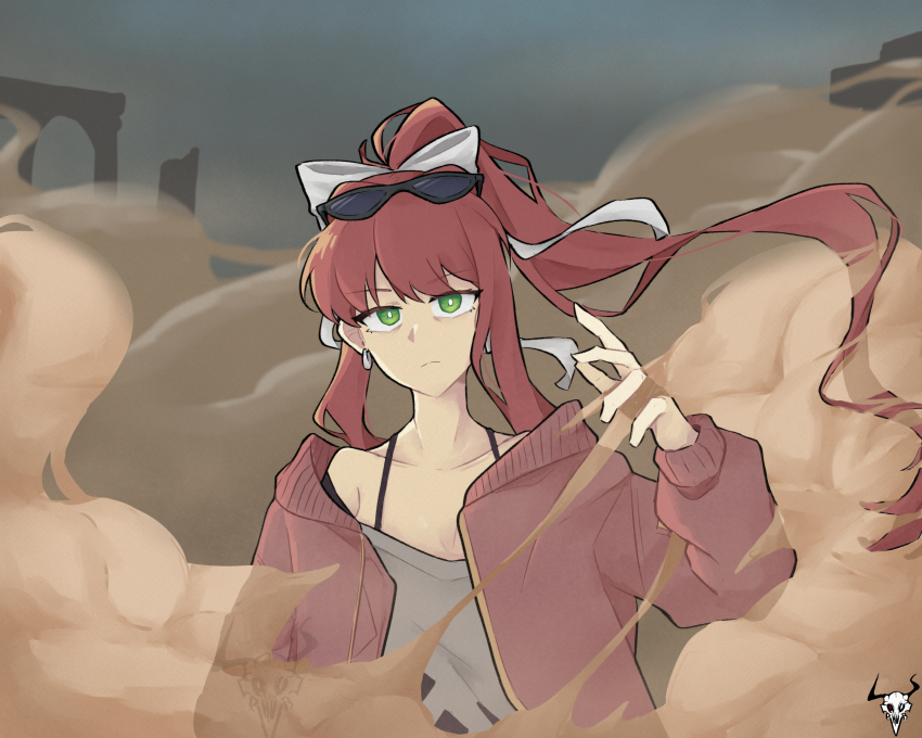 1girl absurdres alternate_costume black-framed_eyewear bright_pupils brown_hair closed_mouth commentary doki_doki_literature_club earrings english_commentary eyelashes eyewear_on_head green_eyes grey_shirt hair_ribbon hand_up highres jacket jewelry laphurus long_hair looking_at_viewer monika_(doki_doki_literature_club) open_clothes open_jacket ponytail redrawn ribbon sandstorm shirt sidelocks single_bare_shoulder solo suna_no_wakusei_(vocaloid) sunglasses upper_body watermark white_pupils white_ribbon