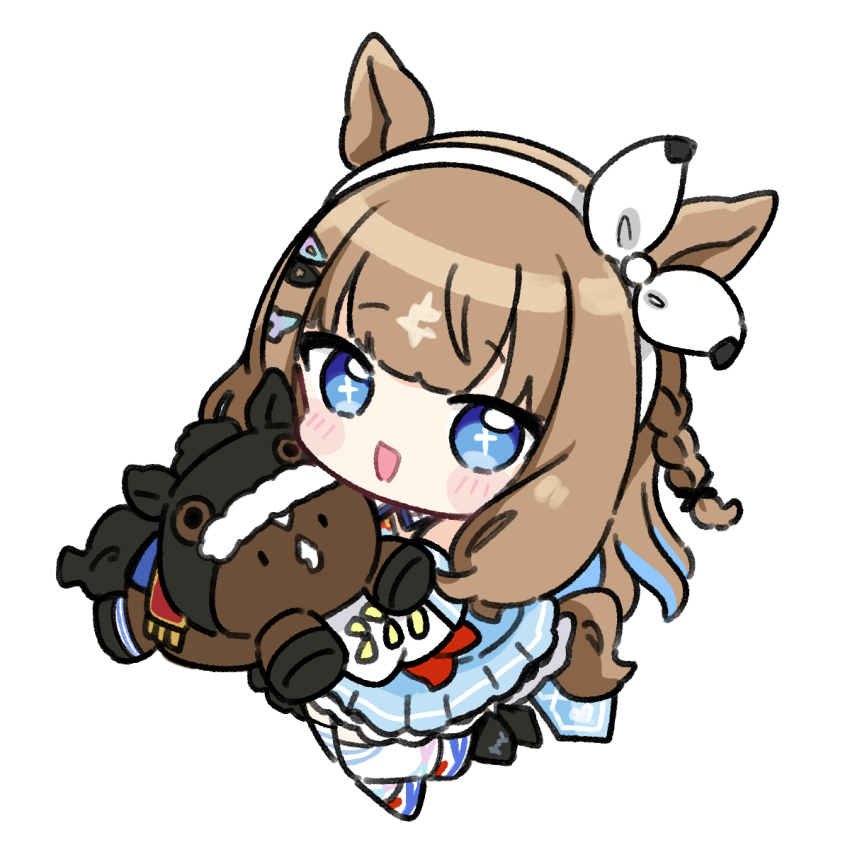 1girl :d almond_eye_(racehorse) almond_eye_(umamusume) animal animal_ears blue_eyes blue_hair blue_skirt blush_stickers braid brown_hair chibi commentary_request creature_and_personification detached_sleeves full_body hair_ribbon hairband highres horse horse_ears horse_girl horse_tail long_sleeves looking_at_viewer multicolored_hair nozo_(hitomiz) open_mouth personification puffy_long_sleeves puffy_sleeves ribbon shoes simple_background skirt smile tail thighhighs two-tone_hair umamusume white_background white_hairband white_ribbon white_shoes white_sleeves white_thighhighs