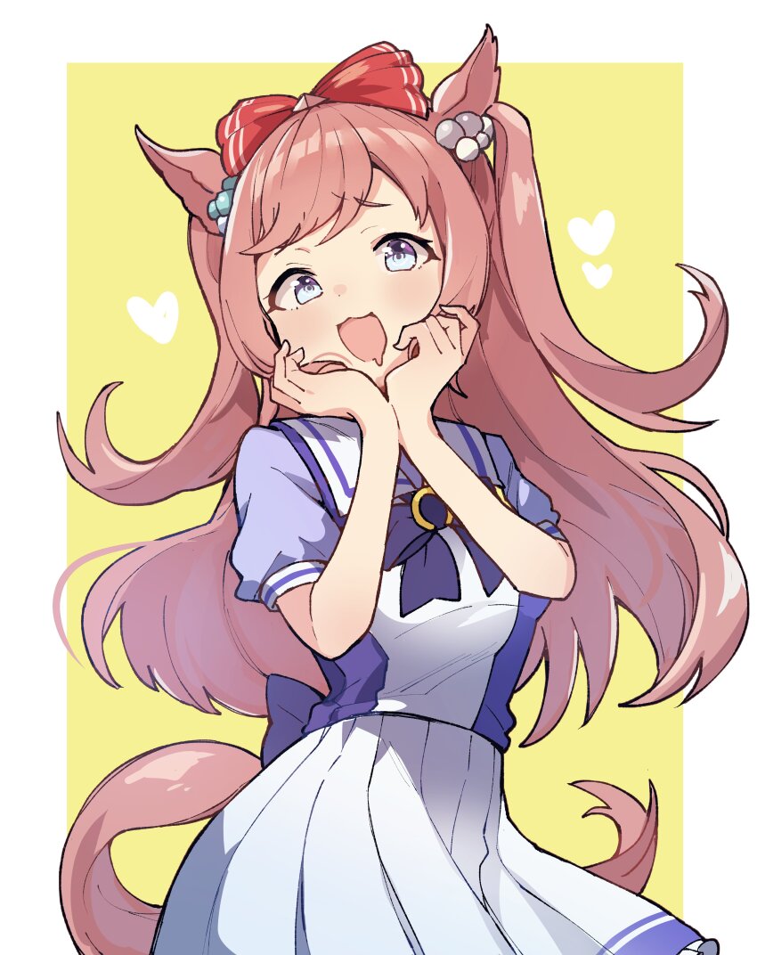 1girl absurdres agnes_digital_(umamusume) animal_ears blue_eyes bow brown_hair commentary drooling hair_bow highres horse_ears horse_girl horse_tail horseshoe_ornament looking_at_viewer pleated_skirt purple_bow purple_shirt red_bow sailor_collar school_uniform serafuku shirano_akihiro shirt skirt solo tail tracen_school_uniform umamusume white_sailor_collar white_skirt