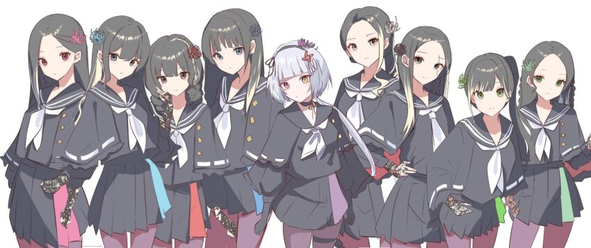 6+girls arm_at_side arms_at_sides assault_lily black_capelet black_choker black_flower black_gloves black_hair black_hairband black_ribbon black_sailor_collar black_serafuku black_shirt black_skirt blonde_hair blue_eyes blue_flower blunt_bangs bow_hairband braid capelet choker closed_mouth commentary_request cowboy_shot drill_hair expressionless flower gloves green_eyes grey_eyes grey_hair hair_flower hair_ornament hair_ribbon hairband hand_on_own_cheek hand_on_own_face hand_on_own_hip hand_up hei_no_hana heterochromia highres houji_tea_latte kanoe_no_hana kanoto_no_hana kou_no_hana lace lace_gloves long_hair looking_at_viewer low_ponytail medium_hair miniskirt mizunoe_no_hana multicolored_hair multiple_girls neckerchief otsu_no_hana pantyhose parted_bangs pink_eyes pink_flower pleated_skirt ponytail purple_flower purple_pantyhose red_eyes red_flower ribbon ribbon_choker sailor_collar scar scar_across_eye scar_on_face school_uniform serafuku shirt side-by-side side_ponytail simple_background skirt standing streaked_hair tei_no_hana thigh_strap tsuchinoe_no_hana tsuchinoto_no_hana twin_braids two-tone_hair white_background white_flower white_neckerchief yellow_eyes