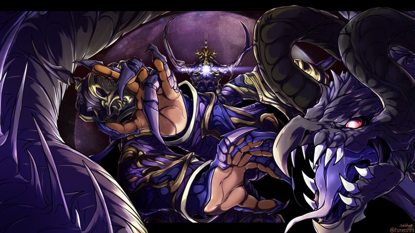 1boy absurdres armor black_background clawed_gauntlets dragon dragon_horns fangs final_fantasy final_fantasy_iv final_fantasy_xiv golbez helmet highres horns ishmi looking_at_viewer male_focus moon open_mouth red_eyes signature twitter_username