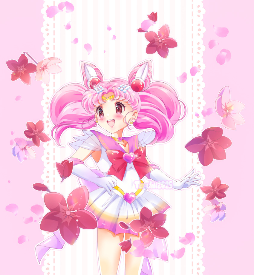 1girl :d artist_name bishoujo_senshi_sailor_moon blush chibi_usa double_bun earrings elbow_gloves flower gloves hair_bun hair_ornament jewelry open_mouth pink_background pink_eyes pink_flower pink_hair pink_sailor_collar red_flower sailor_chibi_moon sailor_collar sailor_senshi sailor_senshi_uniform see-through_clothes see-through_sleeves short_sleeves smile standing super_sailor_chibi_moon teruhii white_background