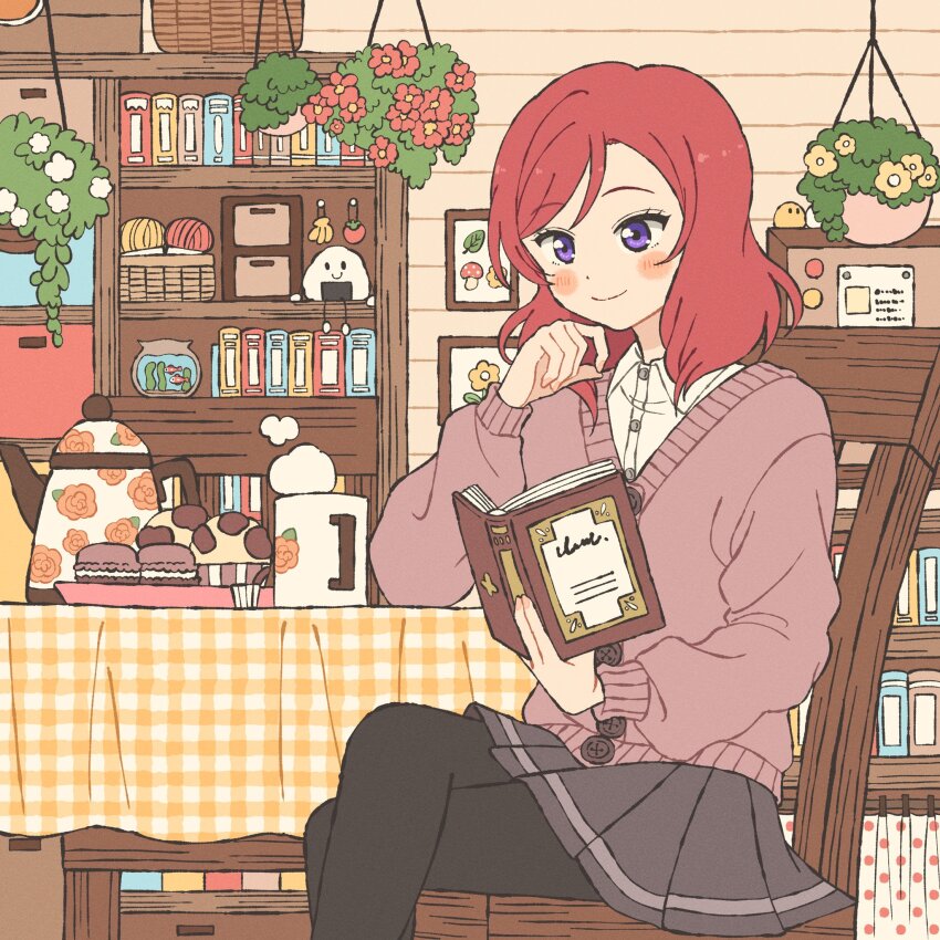 1girl black_pantyhose blush book bookshelf chair commentary crossed_legs cup eeppa fishbowl food grey_skirt highres holding holding_book long_sleeves love_live! love_live!_school_idol_project medium_hair mug nishikino_maki onigiri open_book pantyhose photo_(object) pink_sweater_vest plant potted_plant purple_eyes red_hair shelf shirt sitting skirt smile sweater_vest symbol-only_commentary table tablecloth white_shirt