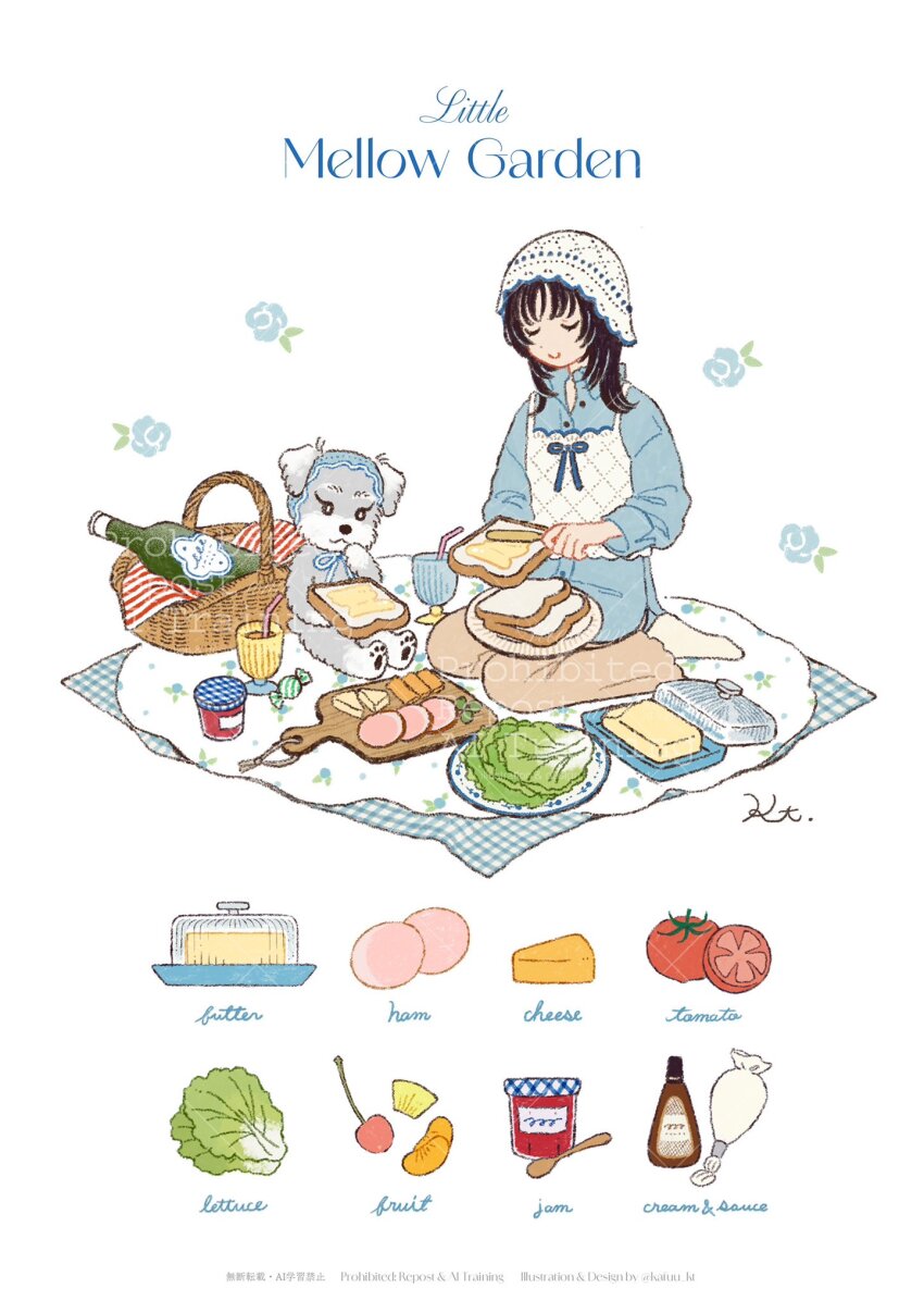 1girl animal argyle_clothes argyle_vest barefoot black_hair blue_bow blue_bowtie blue_flower blue_headscarf blue_ribbon blue_rose blue_shirt bottle bow bowtie bread bread_slice brown_pants butter butter_knife buttons cheese cherry closed_eyes closed_mouth clothed_animal collared_shirt commentary_request copyright_notice cream cup cutting_board dog drinking_glass drinking_straw ears_through_headwear egg english_text flower food fruit full_body hair_over_shoulder happy headscarf high_collar highres holding holding_food holding_knife jam jar knife lettuce long_hair long_sleeves maple_syrup neck_ribbon orange_(fruit) orange_slice original pants picnic picnic_basket picnic_blanket pineapple pineapple_slice pipette ribbon rose schnauzer shirt simple_background sleeve_cuffs smile solo spoon taira_kaede toast tomato vest watermark watermark_grid white_background white_headscarf white_vest wine_bottle