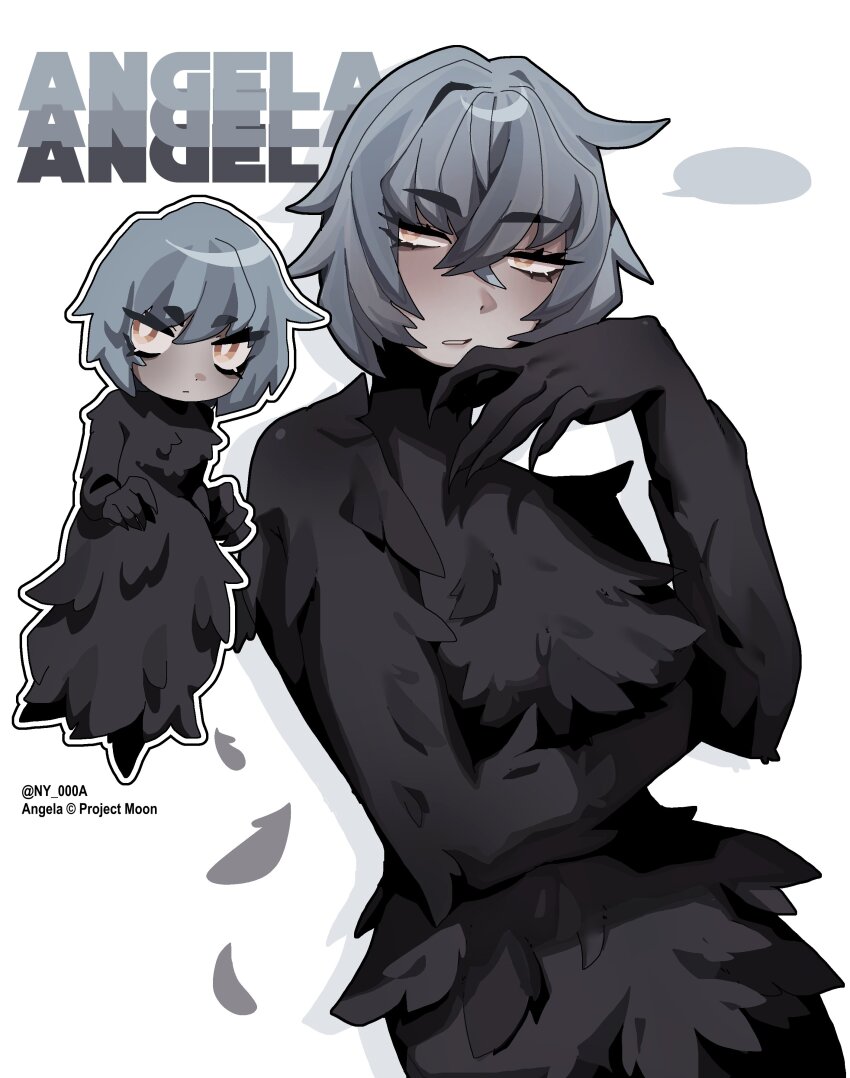1girl absurdres angela_(project_moon) black_dress black_feathers blue_hair character_name claws dress falling_feathers feather_dress feathers highres library_of_ruina long_sleeves looking_to_the_side multiple_views ny_000a open_mouth project_moon solo yellow_eyes
