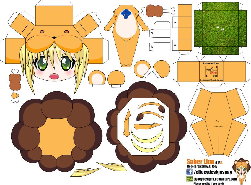 1girl ahoge animal_costume artist_name artoria_pendragon_(fate) blonde_hair blush boned_meat character_name chibi el_joey fangs fate/stay_night fate/tiger_colosseum fate_(series) female_focus food grass green_eyes highres lion_costume meat open_mouth paper_cutout papercraft saber_(fate) saber_lion solo tail