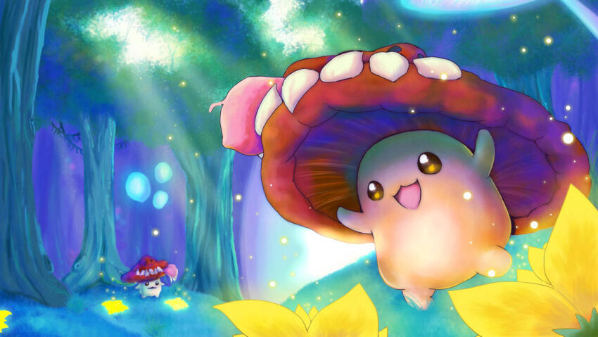 commentary creature english_commentary flower forest grass kelkilou mushroom nature no_humans open_mouth ragnarok_online smile spore_(ragnarok_online) sunlight tree yellow_flower