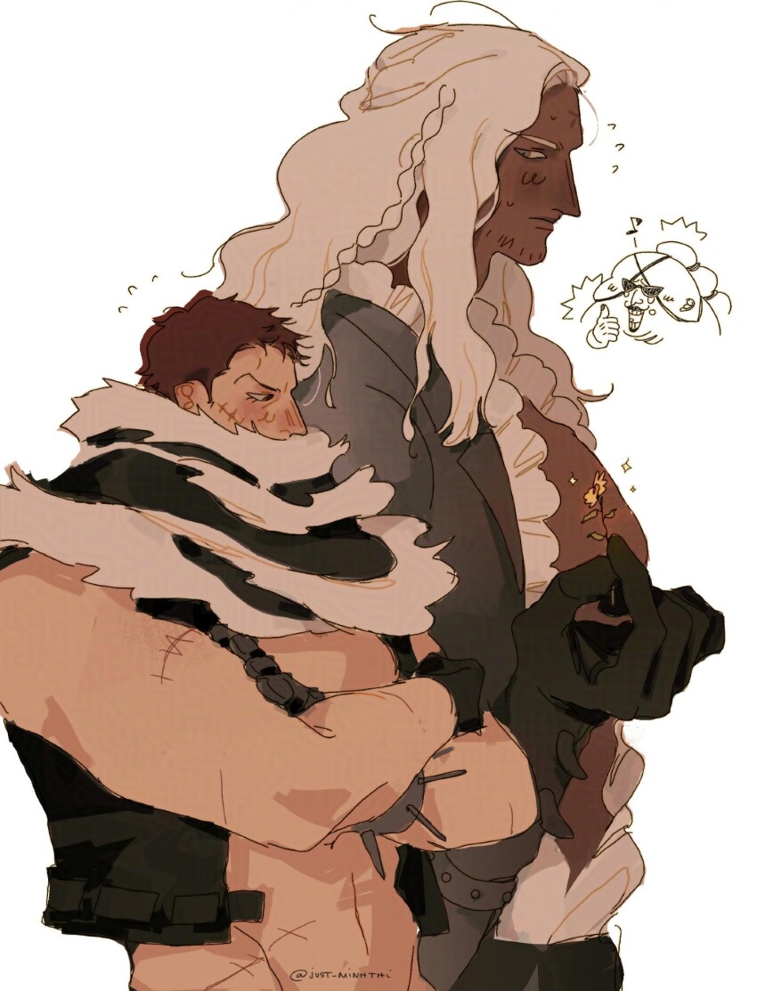3boys :d bald black_gloves black_shirt braid braided_ponytail brown_hair charlotte_katakuri commentary dark-skinned_male dark_skin english_commentary facial_hair facial_scar flower frilled_shirt frills giving_flower gloves highres holding holding_flower inset king_(one_piece) light_blush lipstick long_hair long_sleeves looking_at_another makeup male_focus midriff multiple_boys muscular muscular_male musical_note navel one_piece open_clothes open_mouth open_shirt queen_(one_piece) scar scar_on_cheek scar_on_face scarf shirt short_hair simple_background single_braid sleeveless sleeveless_shirt smile sunglasses tears thi_(just_minhthi) thumbs_up white_background white_hair yaoi yellow_flower