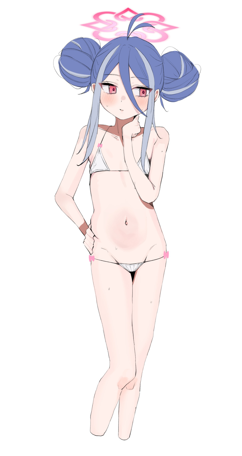 1girl absurdres alternate_costume antenna_hair averting_eyes bare_arms bare_legs bare_shoulders bikini blue_archive blue_hair blush bow bow_bikini collarbone dot_nose double_bun flat_chest fubuki_(blue_archive) fubuki_(swimsuit)_(blue_archive) hair_between_eyes hair_bun halo hand_on_own_hip hand_on_own_neck highres loli long_hair long_sidelocks looking_to_the_side lowleg lowleg_bikini multicolored_hair navel official_alternate_hairstyle parted_lips petite pink_halo red_eyes showtime775 sidelocks solo standing string_bikini sweat sweatdrop swimsuit thighs wet white_bikini