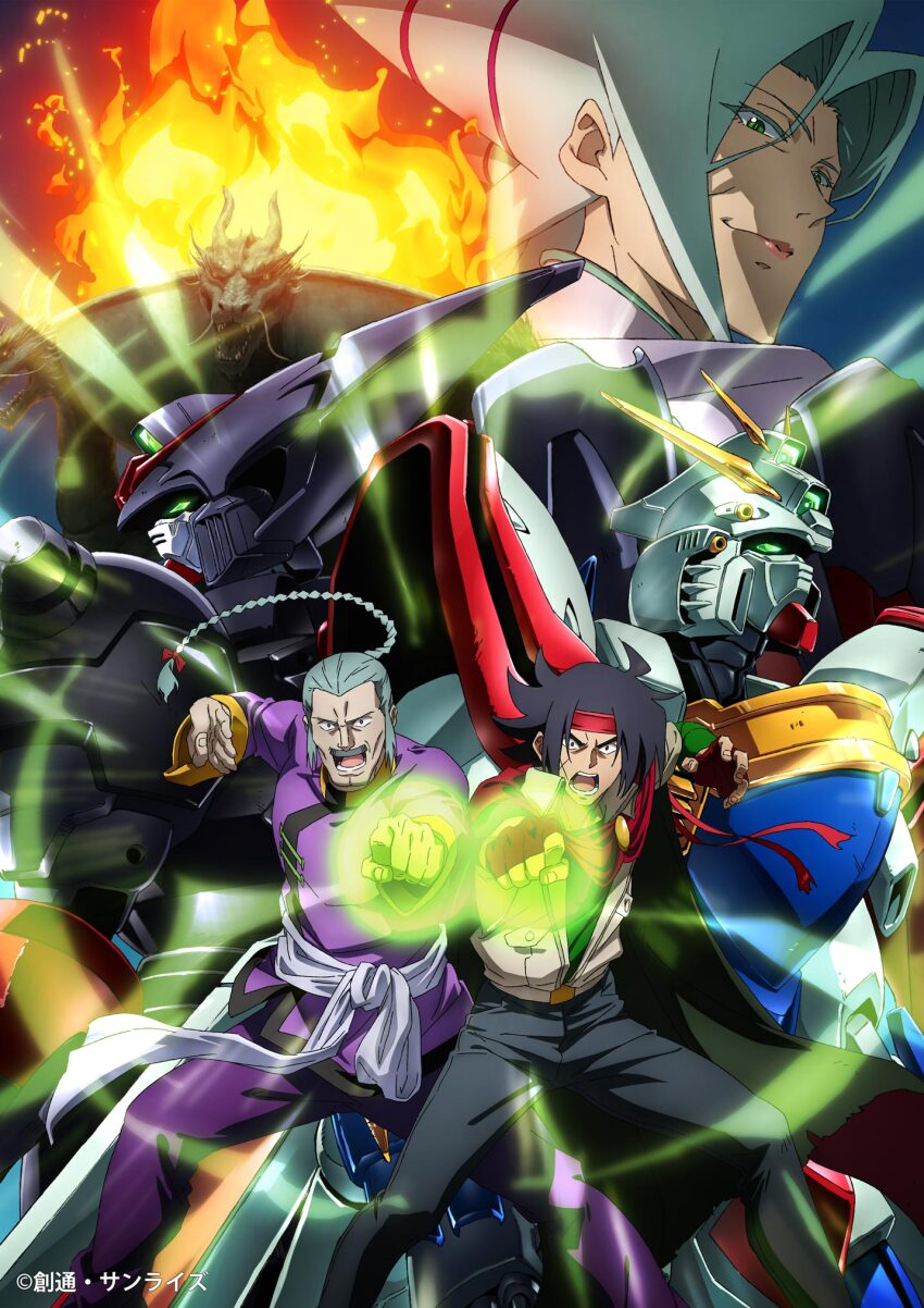 1girl 2boys belt black_gloves black_hair braid character_request commentary_request domon_kasshu facial_hair fighting_stance fingerless_gloves g_gundam gloves glowing glowing_eyes glowing_hand god_gundam green_eyes grey_hair gundam headband highres long_hair looking_at_viewer martial_arts master_asia master_gundam mecha multiple_boys mustache official_art open_mouth robot scar science_fiction short_hair super_robot v-fin