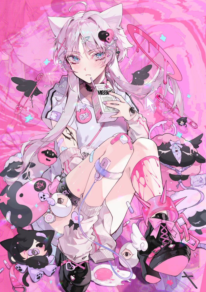 1boy abstract_background absurdres aegyo_sal ahoge androgynous angel_wings animal_ears ankle_boots ankle_wings anklet arm_between_legs arm_tattoo arm_warmers bag bandaid bandaid_on_arm bandaid_on_leg black_boots black_bow black_wings blood blue_eyes blush boots bow bow_legwear cat_boy cat_ears chain character_doll character_name choker closed_mouth commentary cross cursor doll double_vertical_stripe drinking_straw ear_piercing eita_789 english_commentary eyes_visible_through_hair footwear_bow frown full_body fumi_(eita_789) gauze_on_knee grey_hair hair_between_eyes hair_ornament hairclip haku_(eita_789) halftone halftone_background halo heart heart_hair_ornament high_heel_boots high_heels highres holding_carton hood hood_down hoodie jewelry knees_together_feet_apart knees_up looking_to_the_side loose_socks male_focus melting_halo nail_polish noose original paperclip piercing pill_hair_ornament pink_background pink_bag pink_blood pink_bow pink_choker pink_halo pink_nails purple_bow purple_halo remote_control_vibrator sex_toy shoelaces short_hair_with_long_locks short_sleeves shoulder_bag simple_background single_sock sitting socks solo sparkle spiked_anklet star_(symbol) star_hair_ornament stuffed_animal stuffed_sheep stuffed_toy tattoo vibrator white_hoodie white_socks white_wings wings x_hair_ornament yami_kawaii yin_yang zoom_layer