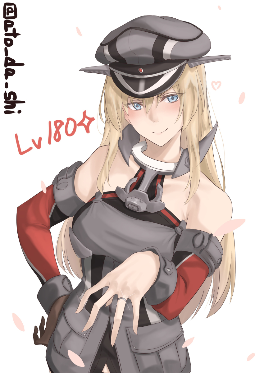 1girl absurdres anchor_choker atodashi bare_shoulders bismarck_(kancolle) blonde_hair blue_eyes breasts brown_gloves detached_sleeves front_slit gloves hair_between_eyes hat highres jewelry kantai_collection large_breasts long_hair military_hat military_uniform peaked_cap ring single_glove smile solo very_long_hair wedding_ring