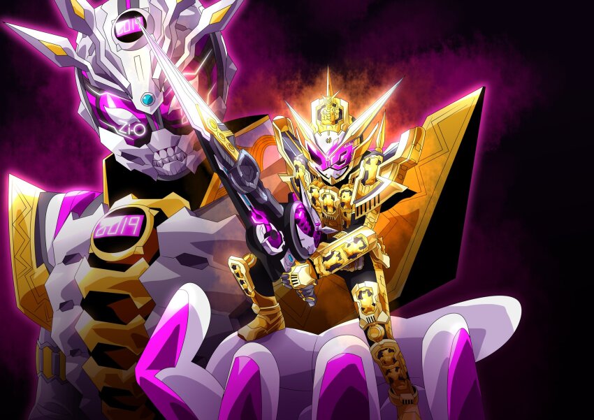 2019 2boys alternate_form another_rider_(zi-o) another_zi-o another_zio_ii armor armored_boots boots cape character_name clenched_teeth clock_hands creature evolution full_body glowing glowing_eyes gold_trim highres holding holding_sword holding_weapon horns kamen_rider kamen_rider_grand_zi-o kamen_rider_zi-o kamen_rider_zi-o_(series) king male_focus monster multiple_boys multiple_horns otokamu pink_armor rider_watch saikyo_zikan_girade shoulder_armor standing sword teeth translation_request weapon white_armor