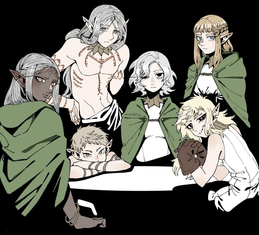 2boys 4girls arm_tattoo bags_under_eyes bare_shoulders black_background black_eyes blonde_hair blue_eyes braid chest_tattoo cithis cloak crossed_arms dark-skinned_female dark_elf dark_skin dungeon_meshi elf facial_mark fleki forehead_mark gloves gorget green_cloak green_eyes grey_hair hair_around_ear head_on_arm highres hood hooded_cloak jewelry lazy_eye long_hair looking_at_viewer low_twintails lycion mithrun multiple_boys multiple_girls natuso7 notched_ear otta_(dungeon_meshi) pattadol pointy_ears shirt short_hair simple_background sleeveless smirk table tattoo topless_male tunic twintails uneven_eyes very_short_hair yellow_eyes
