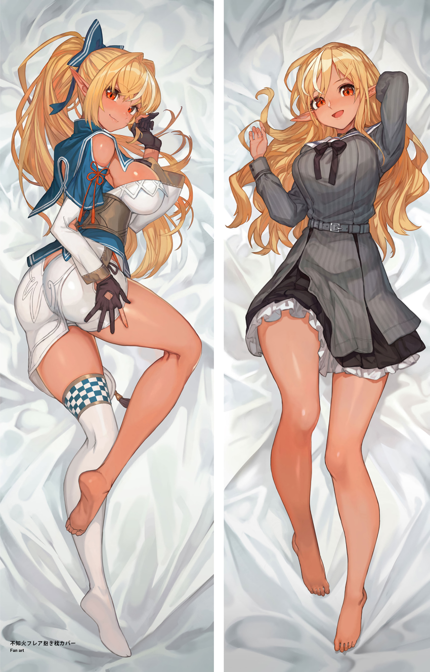 1girl ahoge ass bare_legs barefoot bed_sheet black_gloves black_ribbon blonde_hair blush bow breasts butt_crack chinese_clothes closed_mouth clothing_cutout dakimakura_(medium) dark-skinned_female dark_skin dress elf full_body gloves grey_dress hair_bow hair_spread_out highres hololive lack long_hair long_sleeves looking_at_viewer lying medium_breasts multicolored_hair multiple_views neck_ribbon non-web_source official_alternate_costume official_art on_back on_side open_mouth pinstripe_dress pinstripe_pattern pointy_ears ponytail red_eyes ribbon sailor_collar shiranui_flare shiranui_flare_(street) short_dress shoulder_cutout sideboob single_thighhigh smile streaked_hair striped_clothes striped_dress thighhighs thighs two-tone_hair vertical-striped_clothes vertical-striped_dress virtual_youtuber white_hair white_thighhighs