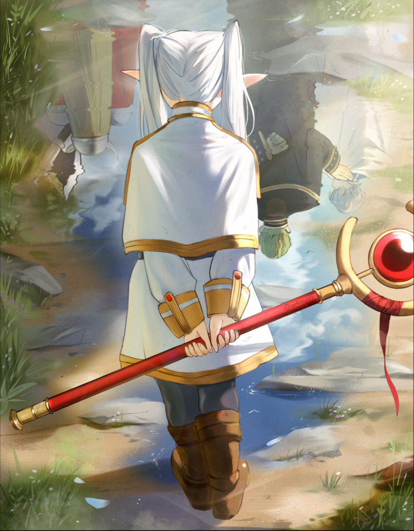 1girl 3boys artist_name commentary eisen_(sousou_no_frieren) elf english_commentary frieren from_behind heiter highres himmel_(sousou_no_frieren) holding holding_staff long_hair long_pointy_ears mage_staff multiple_boys pantyhose pointy_ears sousou_no_frieren staff twintails waligner white_hair