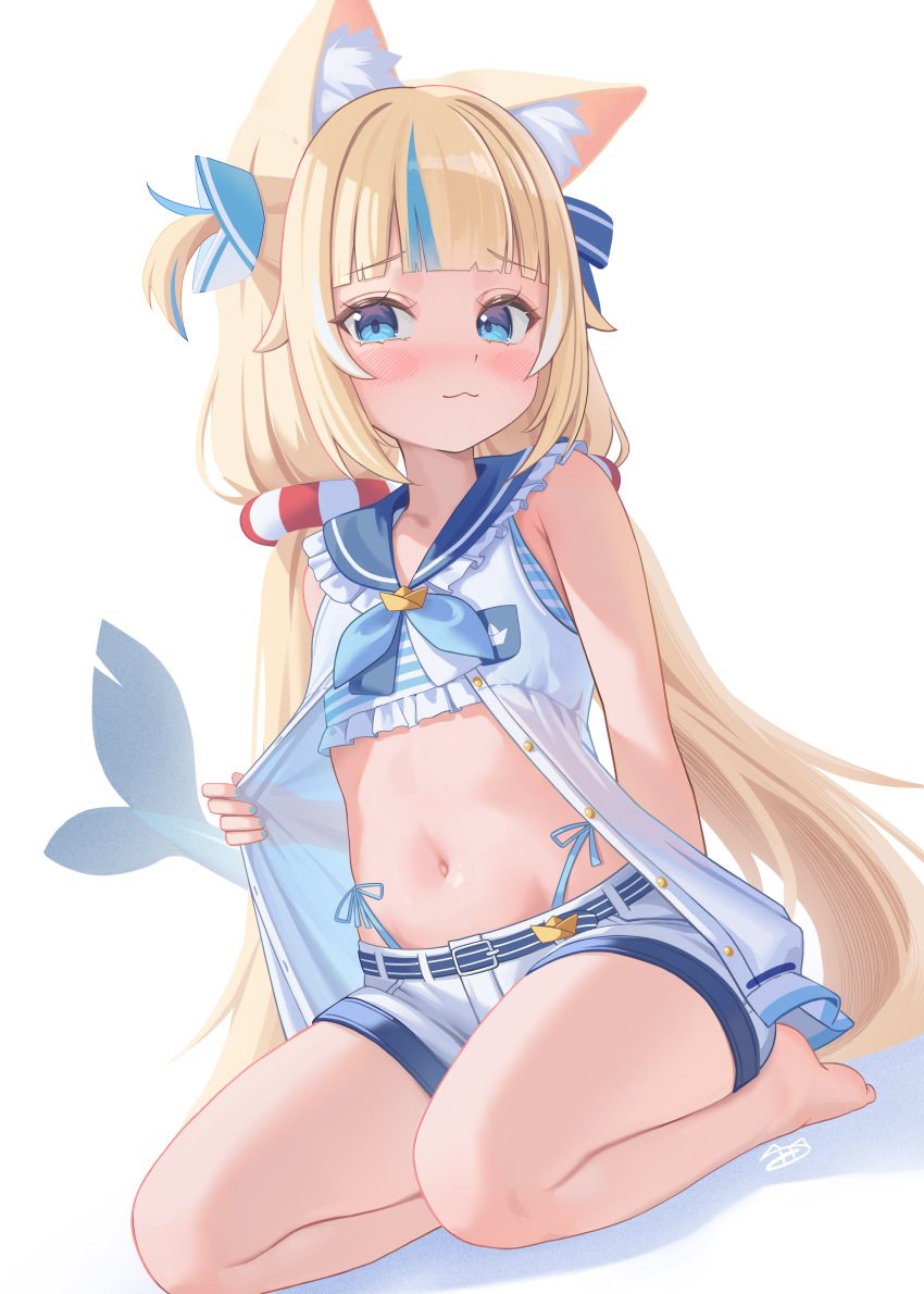 1girl :3 absurdres ahoge animal_ears arm_behind_back barefoot bikini bikini_under_clothes blonde_hair blue_bikini blue_bow blue_hair blue_sailor_collar blunt_bangs blush bow cat_ears closed_mouth commentary dress english_commentary fins fish_girl fish_tail flat_chest fpvjoe frilled_bikini frilled_shirt_collar frills full_body hair_bow highleg highleg_bikini highres indie_virtual_youtuber lifebuoy_hair_ornament loli long_hair looking_at_viewer low_twintails midriff multicolored_hair navel one_side_up partially_unbuttoned sailor_collar sailor_dress sameko_saba seiza short_shorts shorts side-tie_bikini_bottom simple_background sitting sleeveless sleeveless_dress solo streaked_hair striped_bikini striped_clothes swimsuit tail twintails very_long_hair virtual_youtuber white_background white_dress white_hair white_shorts