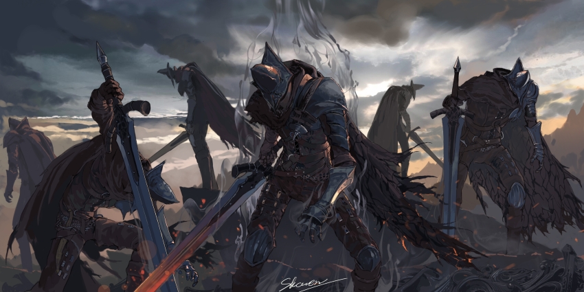 6+others absurdres abyss_watcher armor boots brown_cape brown_pants cape chinese_commentary clothing_request commentary_request dark_souls_(series) dark_souls_iii fire flaming_sword flaming_weapon full_armor gauntlets helmet highres holding holding_sword holding_weapon knee_guards multiple_others outdoors pants pauldrons planted planted_sword planted_weapon shoulder_armor skavenprime smoke standing sword weapon
