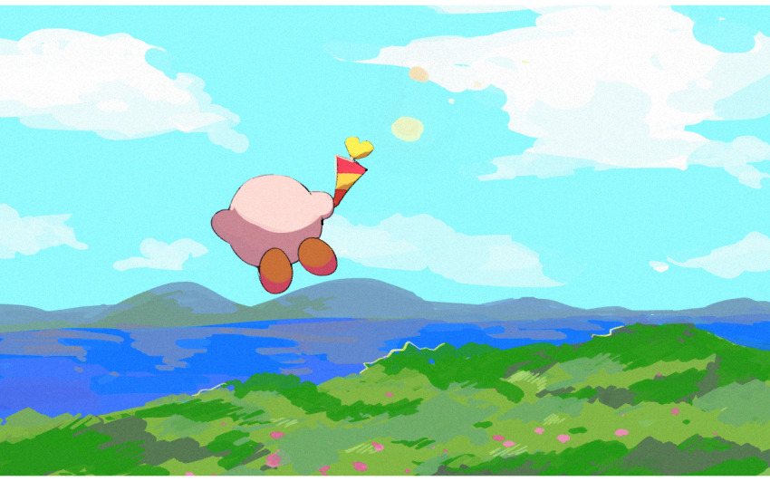 blue_sky kirby kirby&#039;s_dream_land_3 kirby_(series) lake love_love_stick mountain mountainous_horizon nintendo outdoors sky soumenhiyamugi