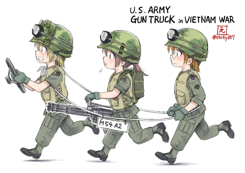 3girls blonde_hair boots brown_hair combat_helmet ebifly english_text flying_sweatdrops from_side gatling_gun glasses gloves goggles goggles_on_head green_boots green_gloves green_helmet green_jacket green_pants green_vest grin hashtag-only_commentary helmet holding holding_rope holding_steering_wheel jacket m1_helmet military_combat_uniform military_uniform minigun multiple_girls original pants ponytail red_hair revision rope rope_train running smile soldier steering_wheel unit_patch united_states_army vest vietnam_war