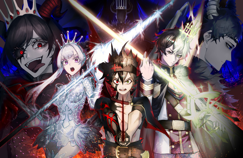 absurdres alternate_costume asta_(black_clover) black_clover black_hair blue_eyes breasts dante_zogratis frit_2 gem green_eyes hair_between_eyes heterochromia high_collar highres insignia jacket long_bangs messy_hair military_jacket multiple_boys multiple_girls noelle_silva open_mouth purple_eyes red_eyes red_gemstone silver_hair thighhighs tongue tongue_out twintails vanica_zogratis yuno_(black_clover) zenon_zogratis