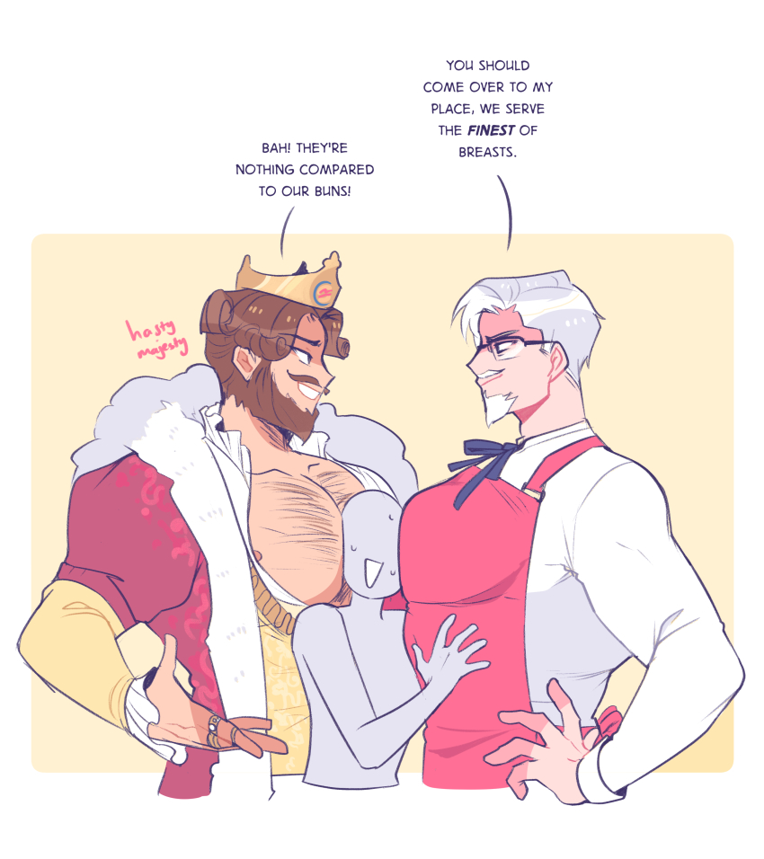 3boys absurdres apron artist_name bara beard between_pectorals boy_sandwich brown_hair burger_king chest_hair closed_mouth coat colonel_sanders commentary crown english_commentary english_text faceless faceless_male facial_hair fur-trimmed_coat fur_trim glasses goatee grey_hair hand_on_own_hip highres jewelry kfc large_pectorals long_sleeves multiple_boys mustache nipples old old_man open_mouth pectorals refrainbow ring sandwiched shirt short_hair simple_background smile sweat the_king_(burger_king) white_background white_shirt yellow_background