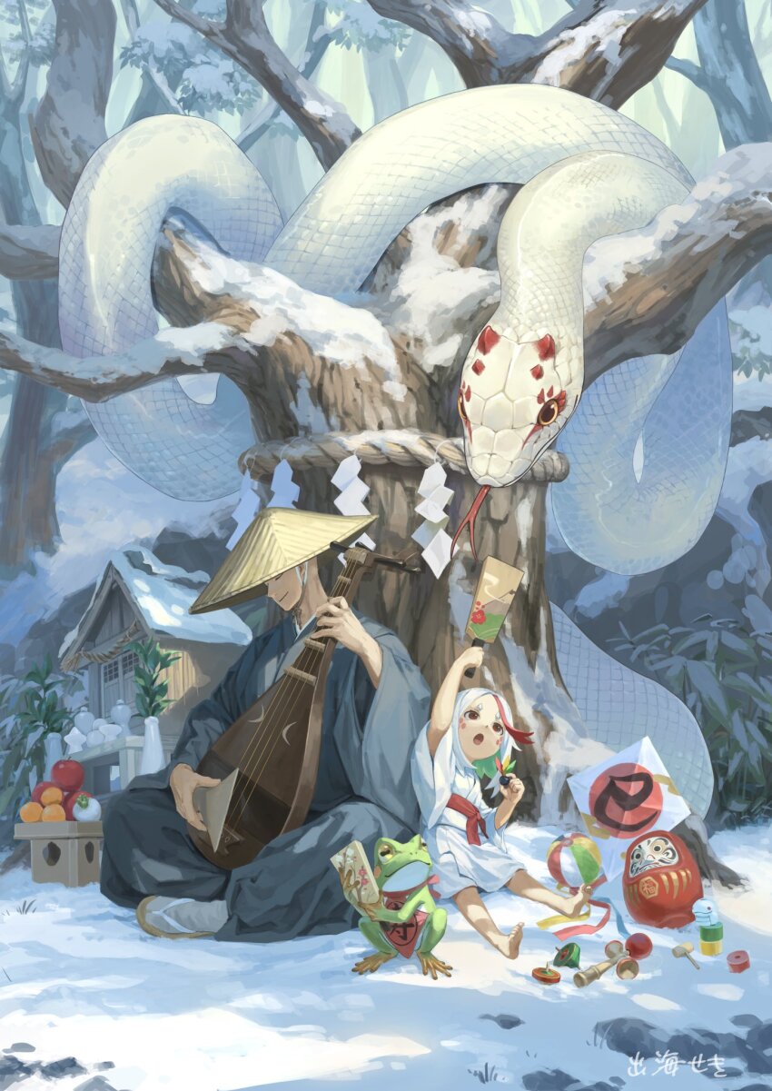 1boy 1girl animal apple bare_tree barefoot biwa_lute child chinese_zodiac daruma_doll food forked_tongue frog fruit giant_snake grey_kimono hagoita hat highres hikimayu instrument japanese_clothes kendama kimono looking_up lute_(instrument) monk multicolored_hair new_year on_ground open_mouth orange_(fruit) original outdoors oversized_animal paddle red_hair red_sash rice_hat rope sandals sash scales seki_(vcyr2733) shimenawa shrine sitting snake snow spinning_top tongue tree two-tone_hair white_hair white_kimono white_snake winter year_of_the_snake