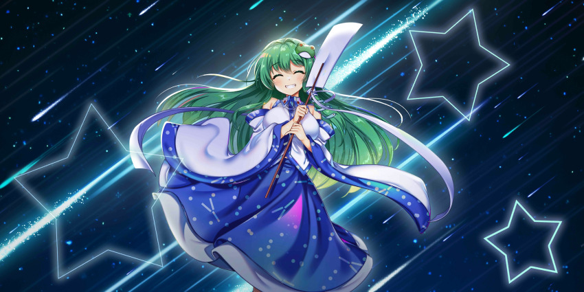 1girl blue_skirt blush breasts commentary detached_sleeves english_commentary facing_viewer frog_hair_ornament game_cg gohei green_hair grin hair_ornament hair_tubes highres holding holding_gohei kochiya_sanae large_breasts long_hair night night_sky official_art rotte_(1109) shooting_star single_hair_tube skirt sky smile snake_hair_ornament solo star_(symbol) third-party_source touhou touhou_lostword very_long_hair